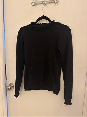 Renuar Black Long-Sleeve Frayed-Neck Knit Sweater